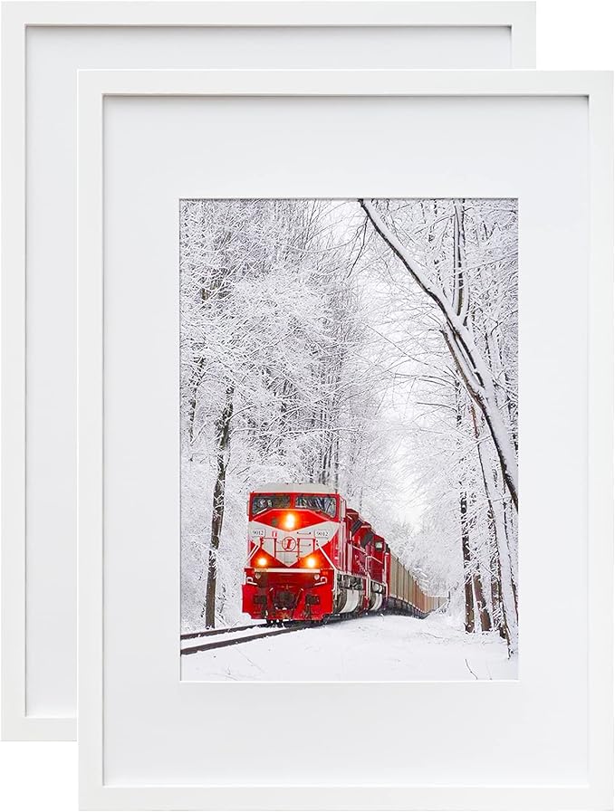 Egofine A2 Picture Frames Set of 2 Matted for A3 - Solid Wood Acrylic Plexiglass Front for Wall Mounting Hanging Vertically or Horizontally, White - 16.5 x 23.4 in