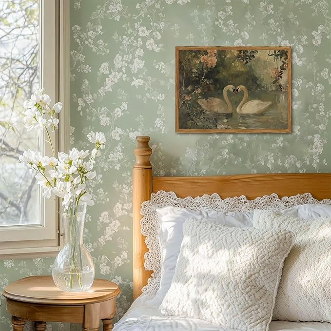 Framed Vintage Swan wall art, Rustic Romantic White Swan Pictures Wall Decor, Cottagecore Farmhouse Animal Paintings Canvas Prints Aesthetic Home Decor for Living Room Bedroom Bathroom 8x10 inch