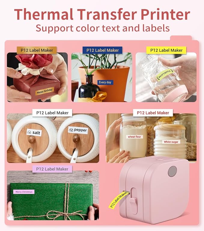 Phomemo Label Maker Machine with Tape, P12 Ribbon Printer Machine Small Bluetooth Label Makers with Multiple Templates for DIY Crafts, Bows Gift Wrap, School, Name Tag, Home, Office, Kitchen, Outdoor