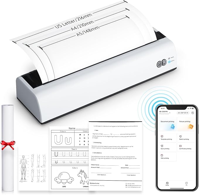 OFFNOVA Portable Printer Wireless for Travel, Thermal Inkless Printer, Support US Letter & A4 Size, Compatible with iOS, Android, Laptop with 1 Roll 8.5" x 11" Thermal Paper, for Mobile Office