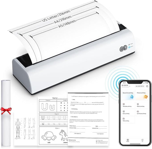 OFFNOVA Portable Printer Wireless for Travel, Thermal Inkless Printer, Support US Letter & A4 Size, Compatible with iOS, Android, Laptop with 1 Roll 8.5" x 11" Thermal Paper, for Mobile Office