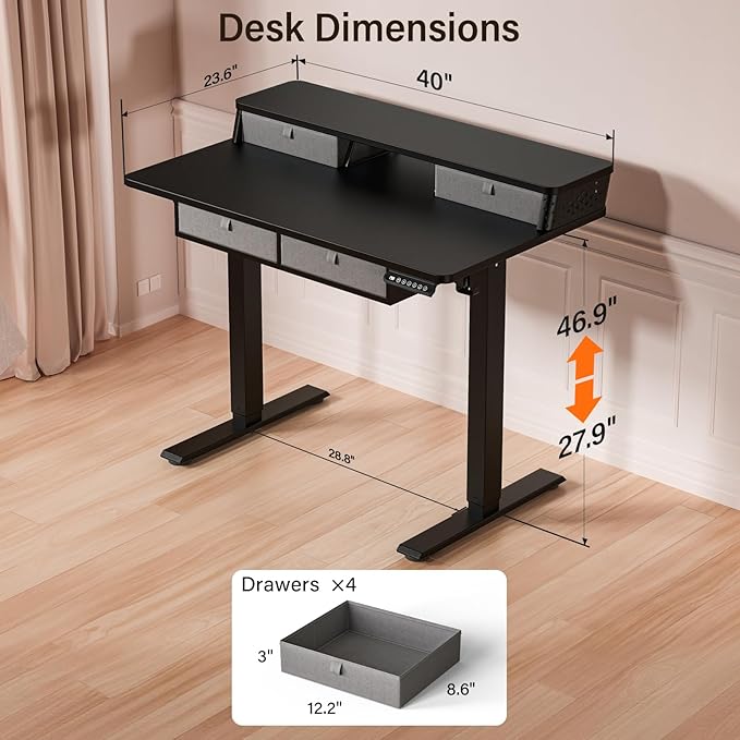 Kingant 48 x 24 Inch Electric Standing Desk with 4 Drawers, Height Adjustable Sit to Stand Computer Desk with Storage Shelf and C-Clamp Mount Compatibility for Home Office, Black