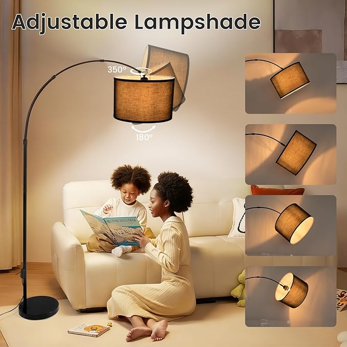 Black Arc Floor Lamp, Modern Standing Floor Lamp with Adjustable Head & Fabric Drum Shade, Over Couch Reading Light for Living Room, Bedroom, Office, Study Room