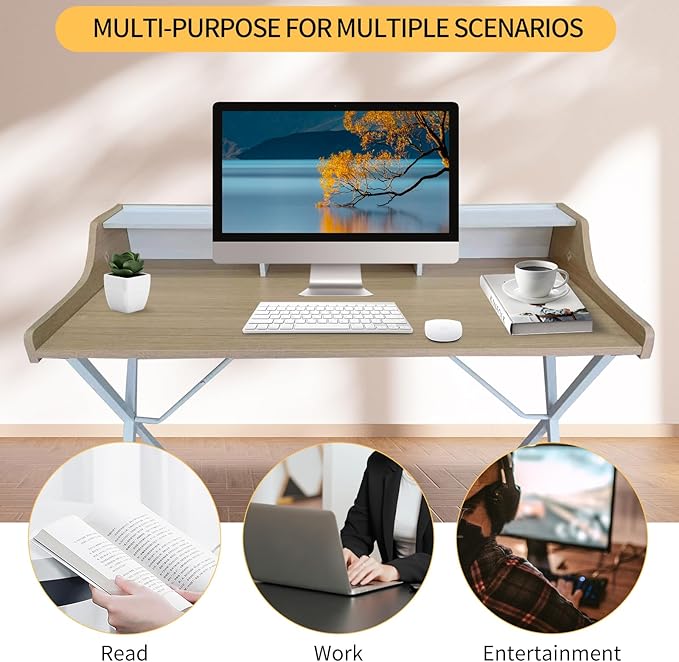 47.25 Inch Computer Desk for Bedroom Home Office Desk Office Tables Work Desk Writing Desk with Shelves Small Desks for Small Spaces Computer Table,Nature