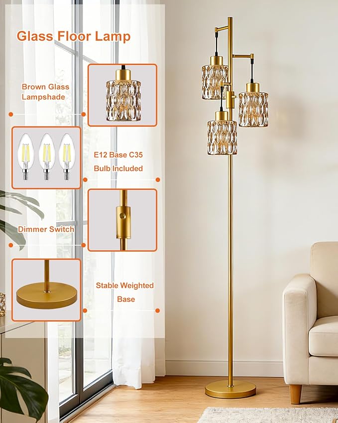 Lightdot 67" 3-Light Glass Floor Lamp for Living Room, Dimmable with Brown Glass Shade & E12 Bulbs Included, Mid Century Standing Tall Lamp for Bedroom/Sofa Beside/Corner Decor - Gold