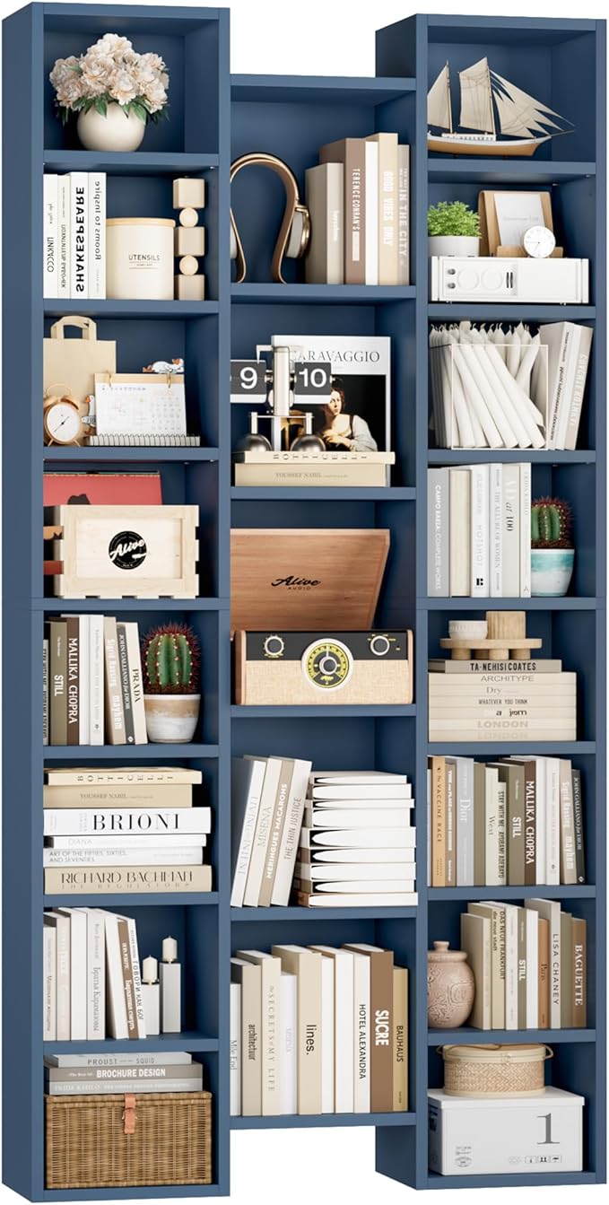 FOTOSOK 71'' Tall Bookshelf with 21 Cubes, 8 Tier Triple Wide Bookshelf with 8 Adjustable Shelves, 35" Large Bookcase DVD/CD Media Tower Storage, Freestanding Display Shelf Cabinet, Blue
