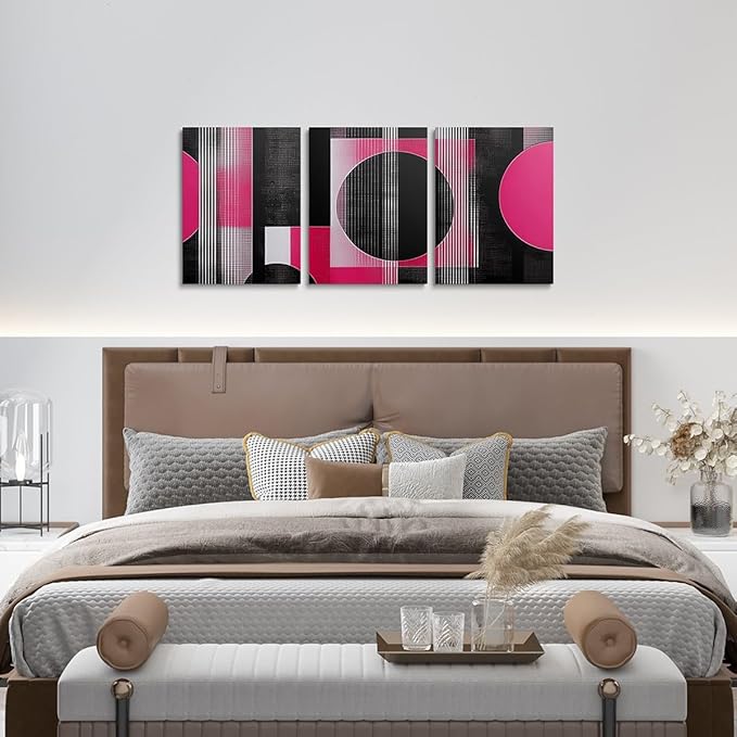 jejeloiu 12"x16"x3pcs Office Decorations Artwork Posters Modern Geometric 3 Piece Canvas Wall Art for Living Room Bedroom Hot Pink Abstract Art Picture Wall Decor