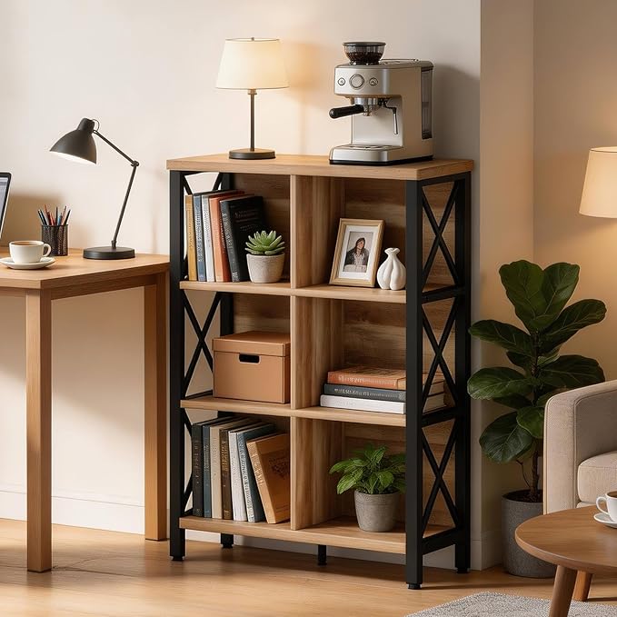 FATORRI Bookcase, 6 Cube Storage Organizer Shelf, Wood and Metal Cubby Book Shelf, Industrial 4 Tier Cube Bookshelf (Rustic Oak)