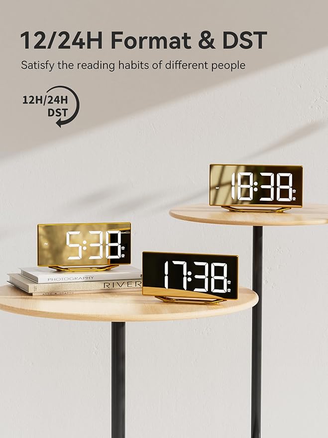 Digital Alarm Clock for Bedrooms, Slim LED Desk Clock with Gold Mirror Finish, 7 Levels Brightness, Dual USB Ports, Snooze, 12/24H, 8.7" Large Display Modern Bedside Clock for Home Office Decor