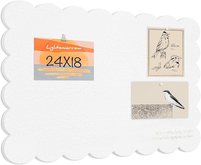 Scalloped Bulletin Board, 24 x 18 Inches Felt Pin Board - Decorative Cork Alternative for Wall, Foldable Picture Self-Adhesive Vision Prayer Board with 20 Pushpins - White