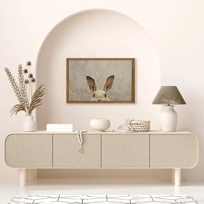 AVECCO Framed Vintage Funny Bunny Easter Wall Art, Cute Farmhouse Aesthetic Wall Decor, Easter Rabbit Art Prints for Bathroom Living Room Bedroom Dining Room Office Decoration Ready to Hang 16x24 inch