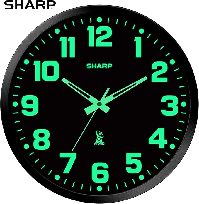 Sharp Glow in the Dark Atomic Analog Wall Clock - 12" Clock with Black Frame - Sets Automatically - Battery Operated - Easy to Read - Easy to Use – See Day or Night!