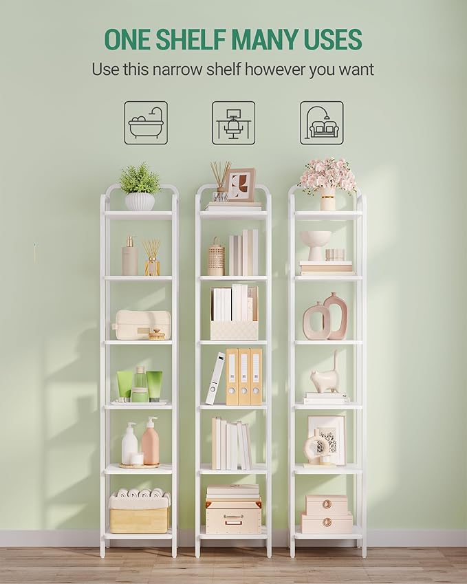 Bookcase Bookshelf, Narrow Book Shelf, Industrial Corner Shelf Storage Organizer, Slim Shelving Unit for Home Office, Living Room, Bedroom, Kitchen, 6-Tier White BC24613W