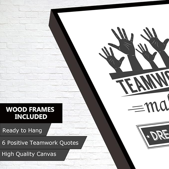 Teamwork Wall Art - Framed Motivational Canvas for Office and Bedroom - Quotes Decor Set of 6, 8X10in, Ready to Hang