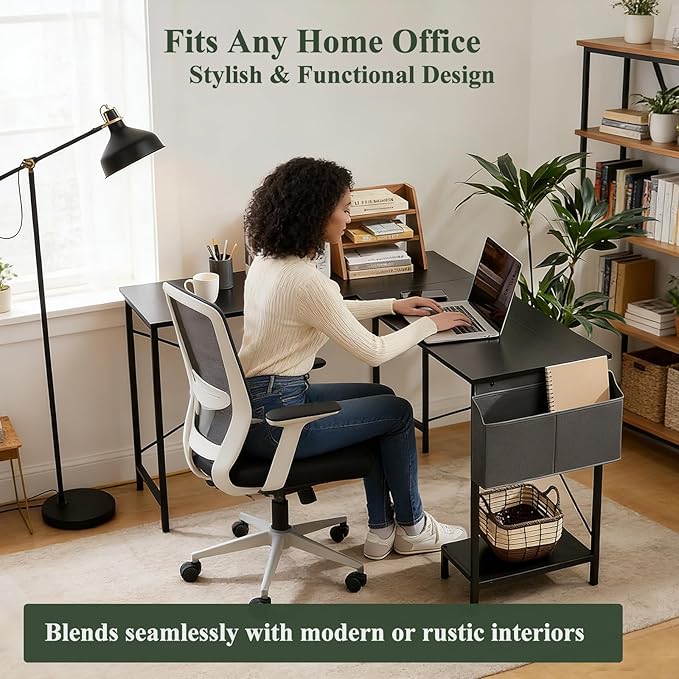 L Shaped Desk, 50 Inch Reversible Computer Desk Corner Gaming Table with CPU Stand & Storage Bag, Sturdy Metal Frame PC Workstation for Home Office