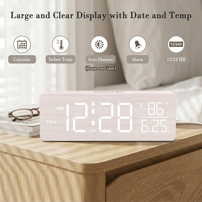 DreamSky Wooden Digital Alarm Clocks for Bedrooms – Large Display Desk Clock with Date & Day of Week for Living Room, Temperature, Dimmer, Adjustable Volume, Auto DST, Office Wood Décor (Plug-in)