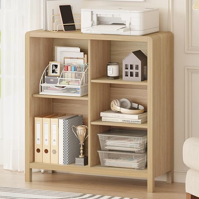 FATORRI 5 Cube Bookshelf, Wood Bookcase with 3 Adjustable Shelves, Modern Cube Storage Organizer Shelf for Home Office (Light Walnut)