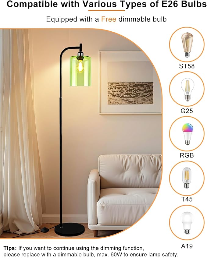 Lightdot 64IN Glass Floor Lamp for Living Room, Modern Standing Lamps with Green Ribbed Glass Lampshade& Bulb Included, Industrial Floor Lamp for Bedroom/Sofa Beside/Corner Decor-Black
