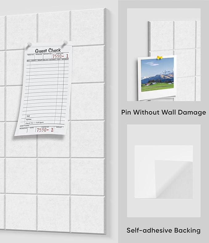 Large Cork Board for Walls 36" x 24", 6 Pack Felt Wall Tiles with Push Pins for Office Home, Pin Board Bulletin Board for Photo Pictures, White