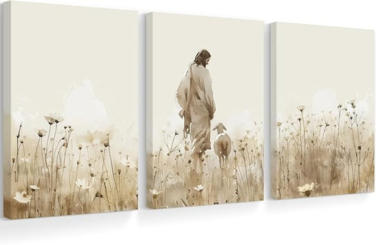 Jesus Leaves the 99 Sheep Wall Art Christian Canvas Poster Jesus and Lamb Wall Decor Religious Pictures Lost Sheep Painting God Christ Painting Artwork for Bedroom Living Room 12x16x3 Inch Ready to Hang