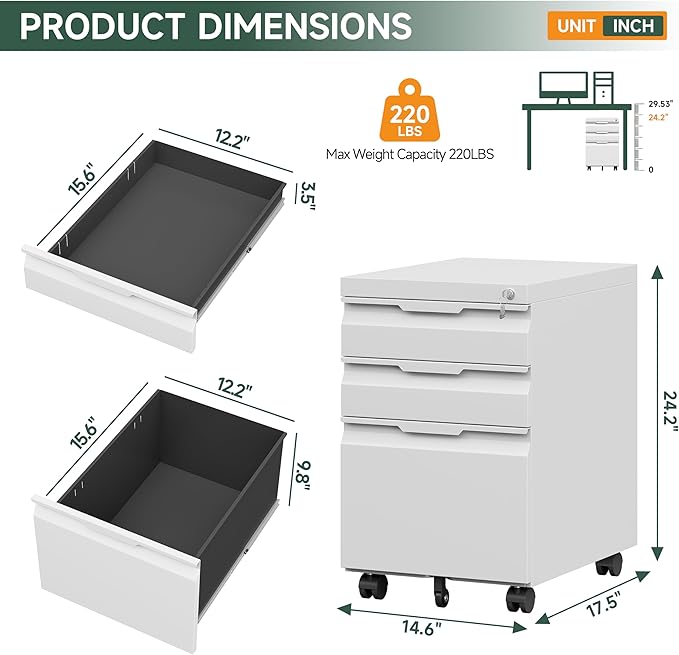 3 Drawer Metal Rolling File Cabinet with Lock, Under Desk Mobile Filing Cabinet for Home Office, Steel Storage Cabinet with Wheels for A4/Letter/Legal Documents, Easy Assembly, White