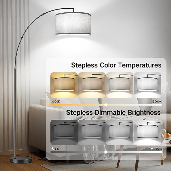 OUTON 81" Arc Floor Lamp, 12W 1080LM LED Dimmable Floor Lamp with 16" Gray Lampshade, Remote Control & Foot Switch, 4 Colour Temperatures, Tall Standing Lamp for Living Room Bedroom Office, Black