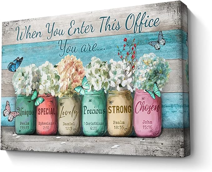 Inspirational Wall Art for Office Canvas Print Wall Decor, When You Enter This Office Painting, Marson Jars With Butterflies Picture Framed Modern Artwork for Office Home Decor 16x24 In