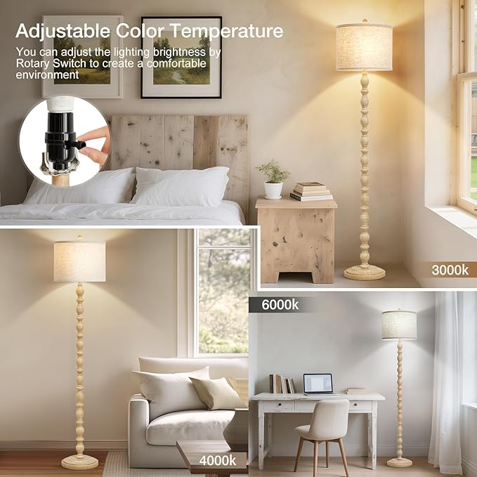62" Floor Lamps for Living Room, Adjustable Color Temperature Standing Lamp, Vintage Farmhouse Floor Lamp with Rotary Switch, Rustic Resin Tall Lamps for Living Room, Bedroom, Office, Corner (Cream)