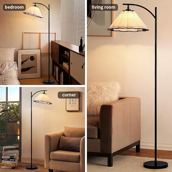 Floor Lamp with Pleated Linen Lampshade, Modern Flower Floor Lamp for Living Room Arc Standing Lamp, Gold Tall Lamp for Bedroom Office Dining Room, Bulb Included (Black + Black, 66.14IN)