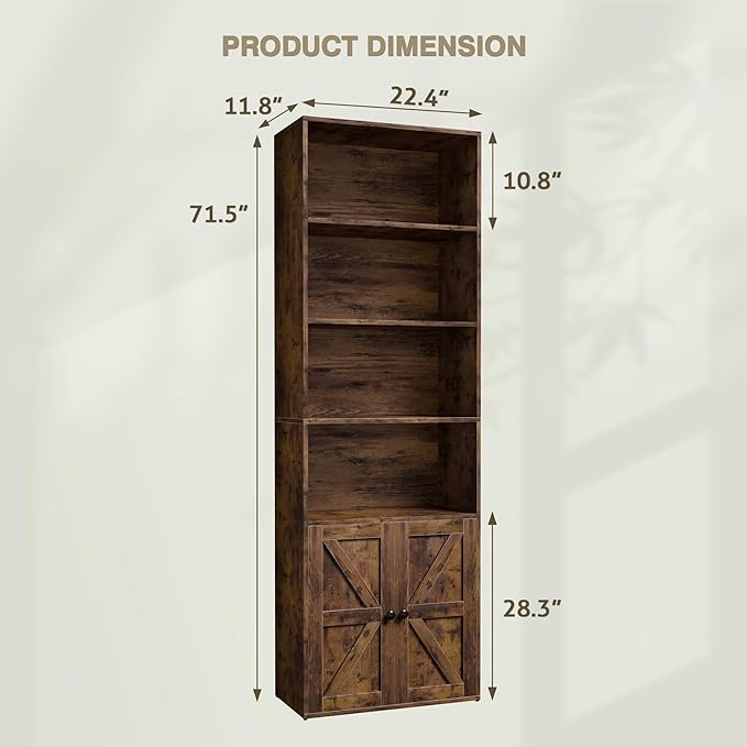 YESHOMY 71.5" Tall Bookshelf and Bookcase, Industrial Bookshelves and Bookcases with Doors, 4-Tier Floor Standing Tall Display Storage Cabinet with Doors for Home Office, Living Room, Brown, 2 PCS