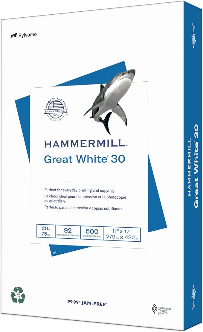 Hammermill Printer Paper, Great White 30% Recycled Paper, 11 x 17 - 1 Ream (500 Sheets) - 92 Bright, Made in the USA, 086750