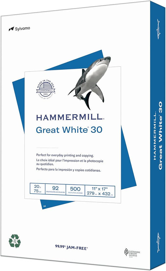 Hammermill Printer Paper, Great White 30% Recycled Paper, 11 x 17 - 1 Ream (500 Sheets) - 92 Bright, Made in the USA, 086750