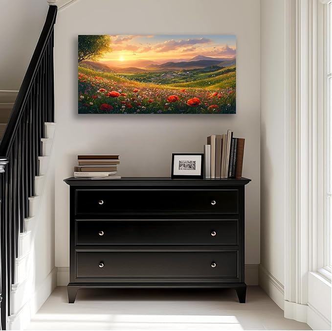 JLXART Wall Art for Living Room Decor Mountain Sunset Landscape Canvas Wall Art with Red Poppies Prints Nature Scenery Artwork Framed Size 20 x 40 in Ready to Hang