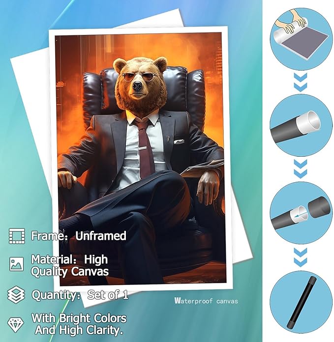 Trendy Suit Animal Bear Portrait Wall Art Funny Boss Bear Canvas Posters Work Struggle Motivation Inspiring Prints Painting For Office Living Room Wall Decor 24x36in Unframed