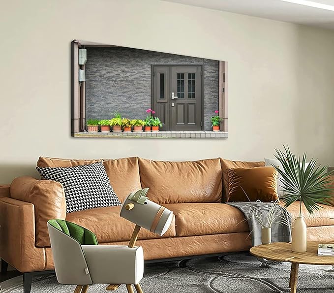 Canvas Wall Art for Living Room Bedroom Gray front door small square decorative windows and flower pots fron Big Large Wall Art Decor Framed Painting Wall Pictures Prints Artwork Office
