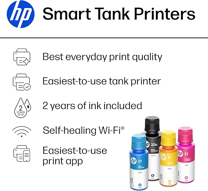 HP Smart Tank 7602 Wireless All-in-One Ink Tank Printer, Scanner, Copier with 2 Years of Ink Included, Best-for-Home Office, Cartridge-Free Refillable, AI-Enabled (28B98A)
