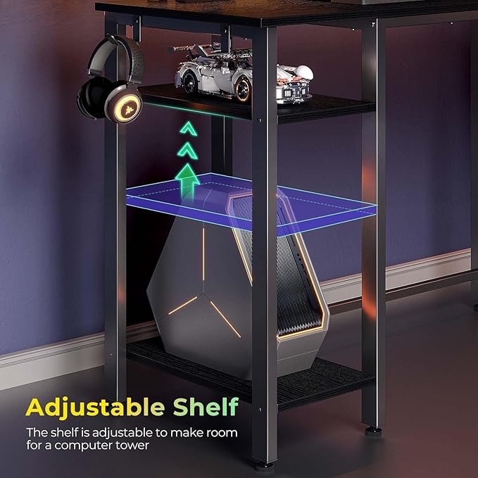 Rolanstar L Shaped Gaming Desk with LED Lights & Power Outlets, 53" Computer Desk with Full Monitor Stand & Storage Shelf, Corner Desk with Hooks, Carbon Fiber Desk Reversible