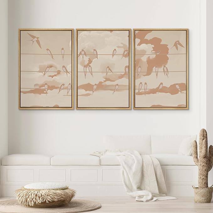 SIGNWIN Framed Canvas Print Wall Art Set Minimal Birds on Wires Neutral Sky Illustrations Modern Art Decorative Nordic Abstract for Living Room, Bedroom, Office - 16"x24"x3 Natural