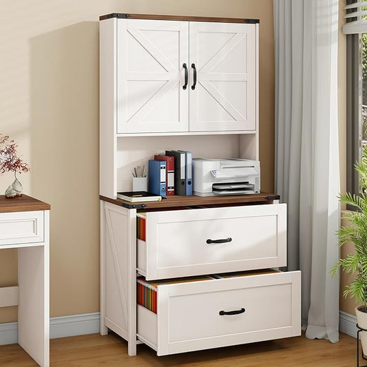 File Cabinet with 2 Drawer for Legal/Letter/A4 Size Hanging Files, Farmhouse Filing Cabinet with Adjustable Shelf, Large Wood File Cabinets for Home Office Printer Stand with Bookshelf, Rustic White