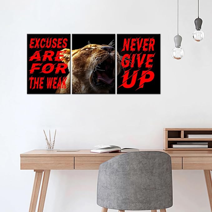 Motivational Canvas Wall Art Never Give Up 3 Separate Poster Print Positive Entrepreneurs Quotes Picture Painting Inspiring Talent Phrase Wall Decor for Office Gym Artwork Ready to Hang [36''Wx16''H]