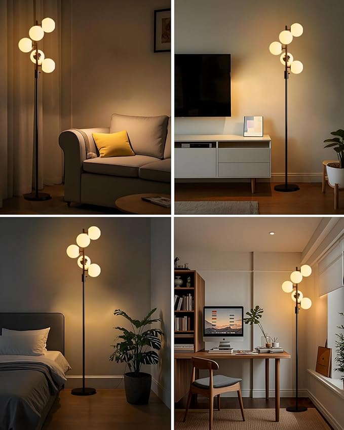 Lightdot 5-Globe Dimmable Globe Floor Lamp Black Standing Lamps with 5Pcs 3000K Bulbs Included Brightness Adjustable Retro Mid Century Modern Floor Lamp for Living Room/Sofa Beside/Corner Decor
