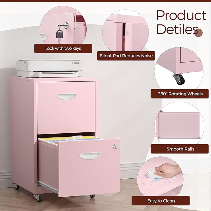 2 Drawer Mobile File Cabinet with Lock, Pink Metal Filing Cabinets with Wheels, Vertical Rolling File Cabinet Fit Hanging Files, Letter and A4 Documents