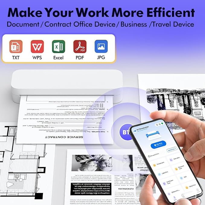 Inkless Printer, A4 Portable Thermal Printer, Compatible with iPhone Phone Laptop, Printing Speed 10mm/s & 304 DPI Clear, Support Thermal Paper, for Home/Outside Office Receipt