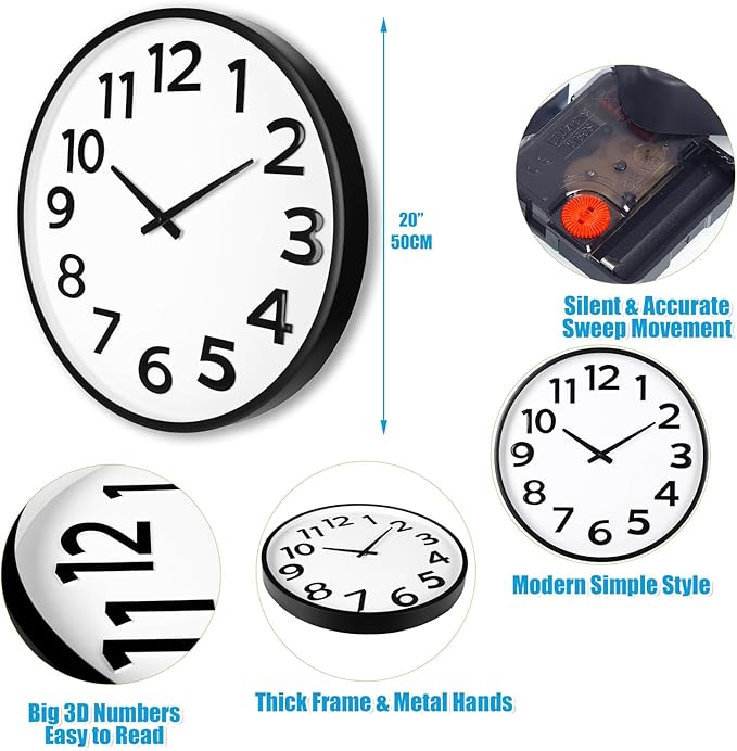 20 Inch Large Wall Clock - Big 3D Numbers Easy to Read, Battery Operated Silent Non-Ticking, Analog Quartz Round Clock