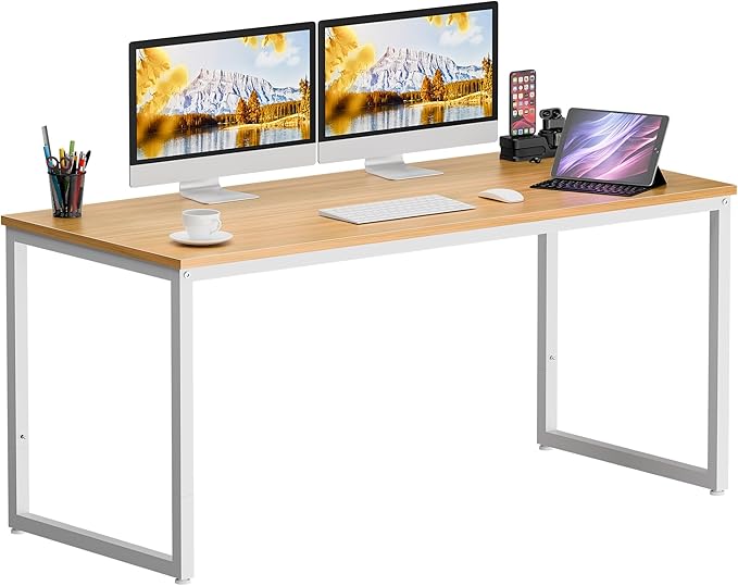 SUPER DEAL Computer Desk 55 Inch Modern Sturdy Office Desk PC Laptop Notebook Simple Writing Table for Home Office Workstation, Natural Oak
