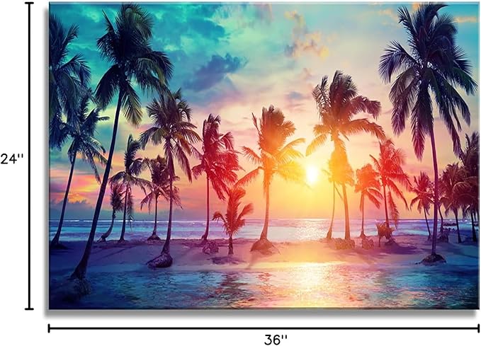 DZL Art S75569 Canvas Wall Art Palm Trees Silhouettes On Tropical Beach At Sunset Beach Seascape Painting Nature Pictures for Living Room Home Office Wall Decor Artwork