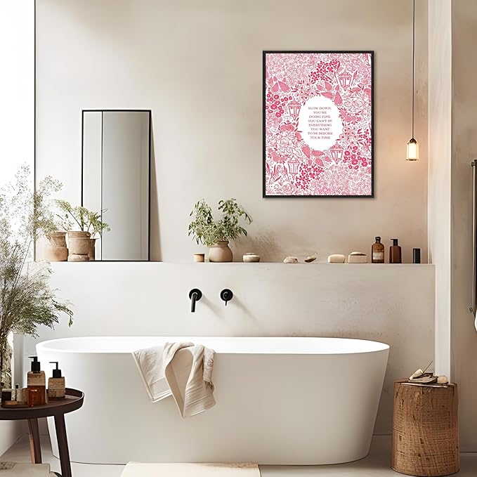 Slow Down You're Doing Fine Music Posters Motivational Quote Pink Wall Art Vintage Floral Positive Daily Reminder Song Lyrics Canvas Print Aesthetic Office Home Decor 16x24inch Aluminum Framed