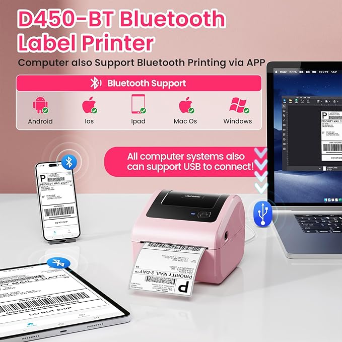 D450BT Shipping Label Printer Pink&Label Holder with Adhesive Backing,Bluetooth Thermal Label Printer 4x6for Small Business, Shipping Packages, Office, Home, Compatible with Ebay, USPS, Shopify, Amazo