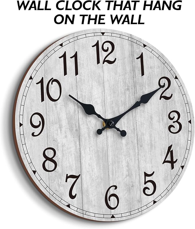HYLANDA Wall Clock, Rustic Wall Clocks Battery Operated Silent Non Ticking, Country Round Wooden Clocks Farmhous Wall Decorative for Kitchen, Bathroom, Living Room (Gray 8 Inch)