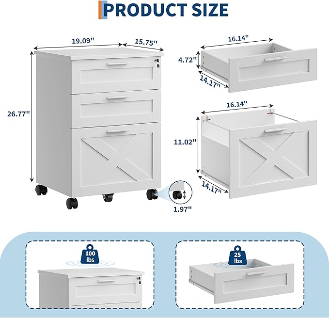 3-Drawer Rolling File Cabinet with Lock - Wooden Mobile Filing Cabinet for Home Office, Under Desk Storage Organizer fits Letter/A4/Legal Size, Sturdy Printer Stand with Locking Casters, White